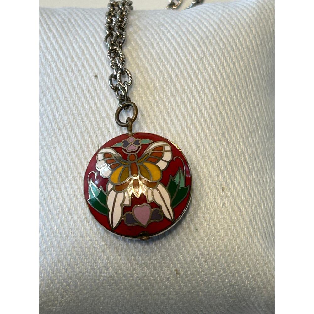 Vintage Cloisonne Enamel 3D Butterfly Pendant Red Floral Round Domed Necklace